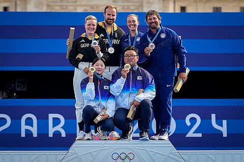 Archery mixed team medal ceremony: Gold Medallists South Korea, silver winners Germany and bronze winner of United States